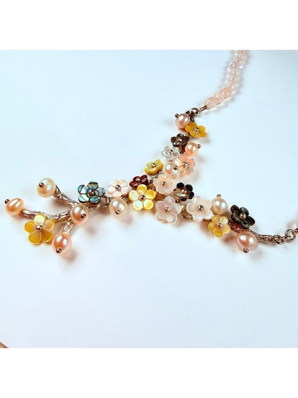 Whitney Kelly Rose Quartz MOP Pearl Mosaic Flower Sterling Silver 925 Necklace - Picture 7 of 12